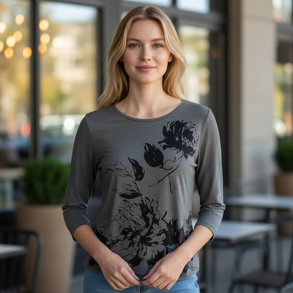 Talbots Floral Tee Shirt Size Small Grey Black - Picture 1 of 7